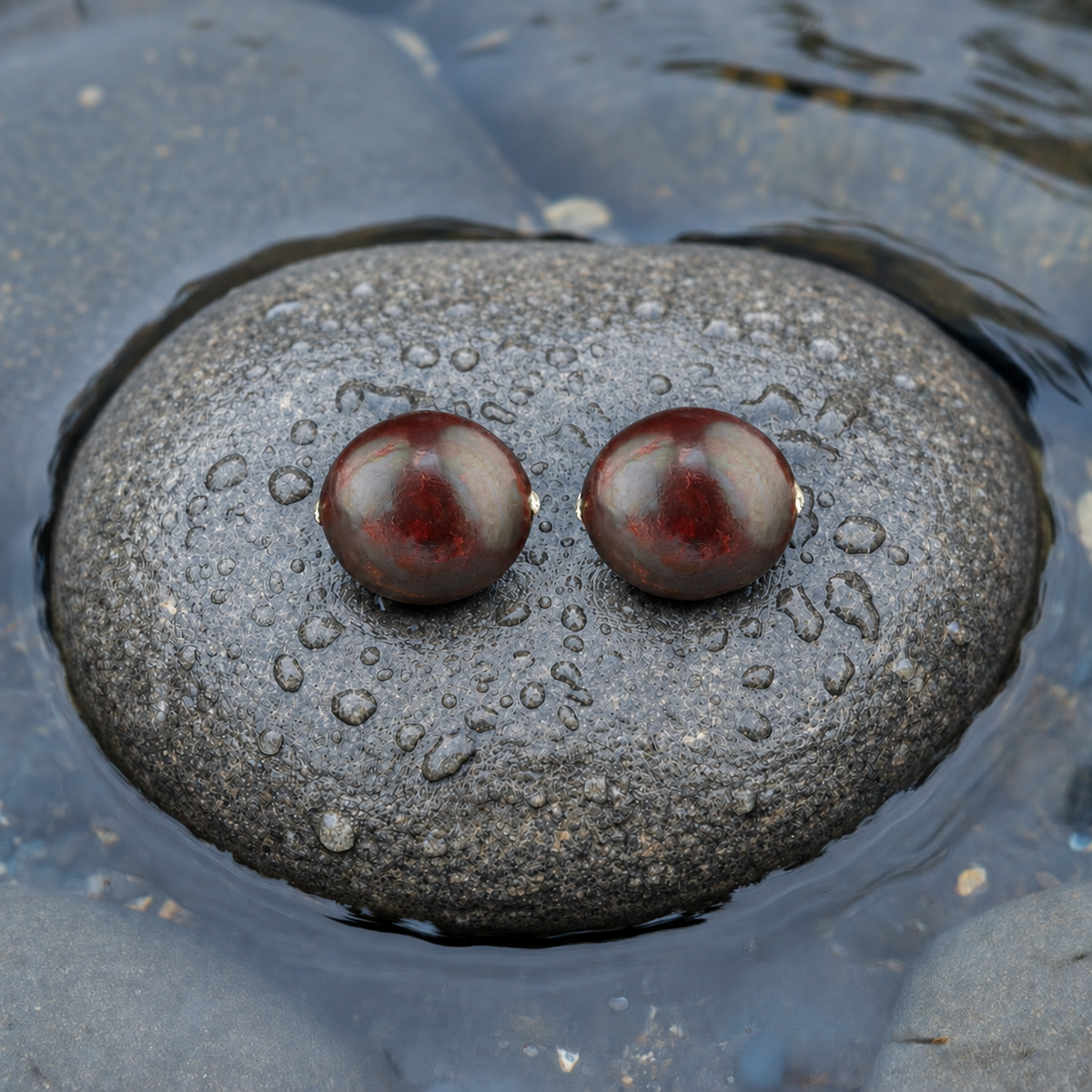 Bruine zoetwater parel oorknoppen met sterling zilver (925) liggend op steen in water | Little Bling Bold Brown Pearl