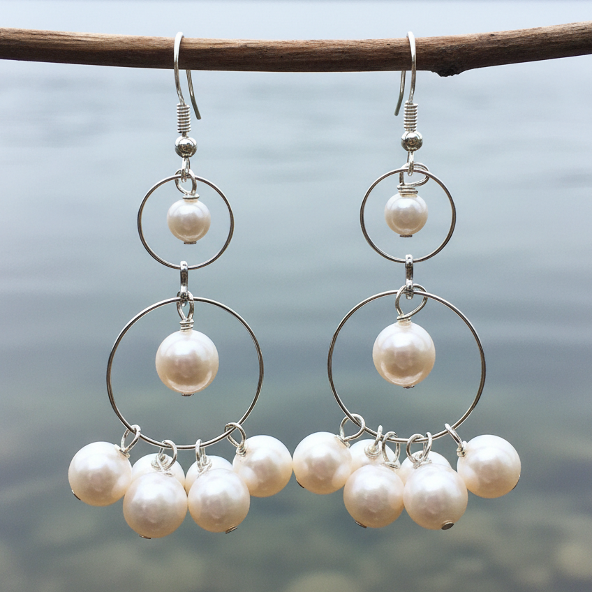 Lange witte zoetwater parel oorbellen met sterling zilver (925) hangend aan takje| Long Style Pearl