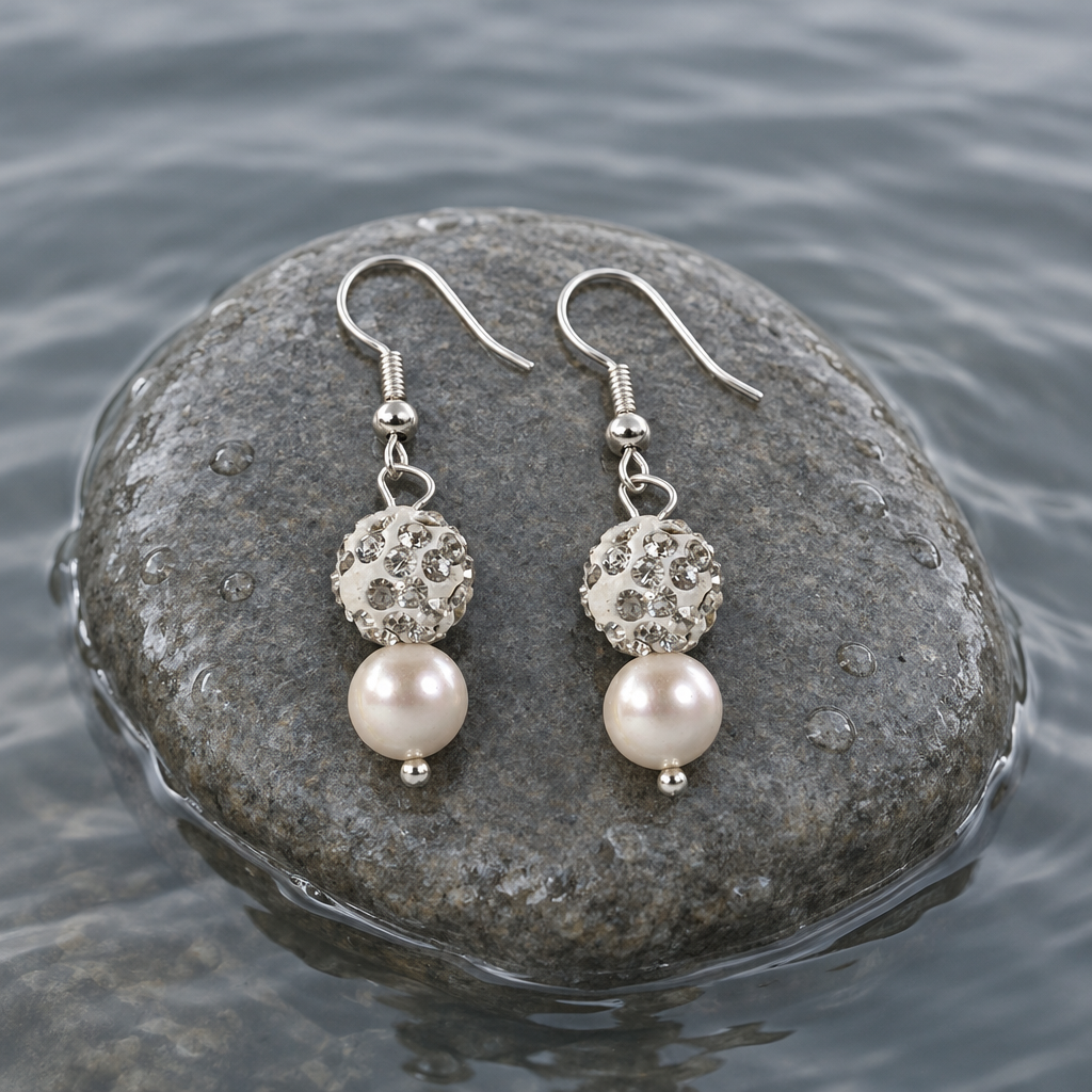 Witte zoetwater parel oorbellen met stras bal en sterling zilver (925) liggend op steen in water | Maxima