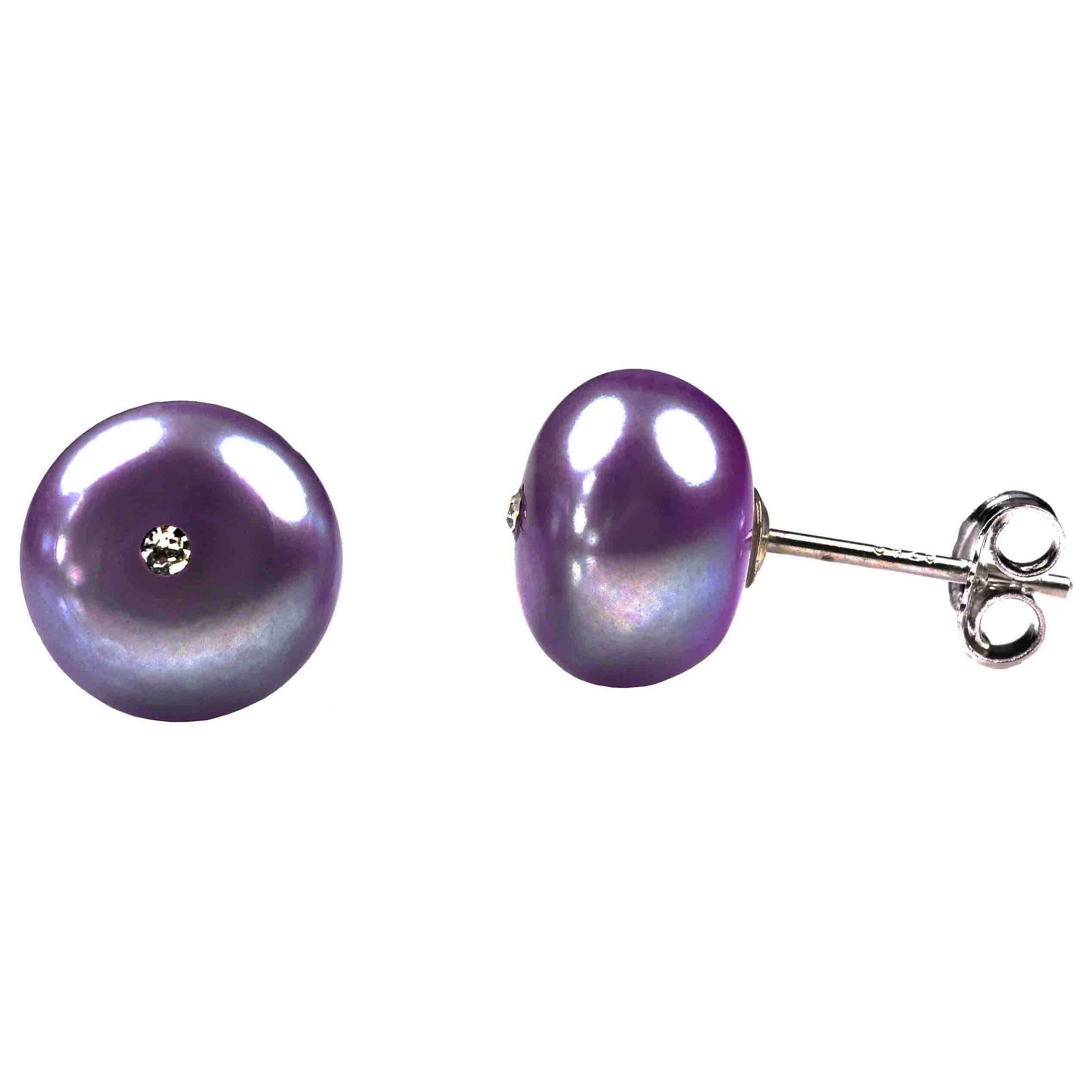 Paarse zoetwater parel oorknopjes met stras steentje | Mea Bling B