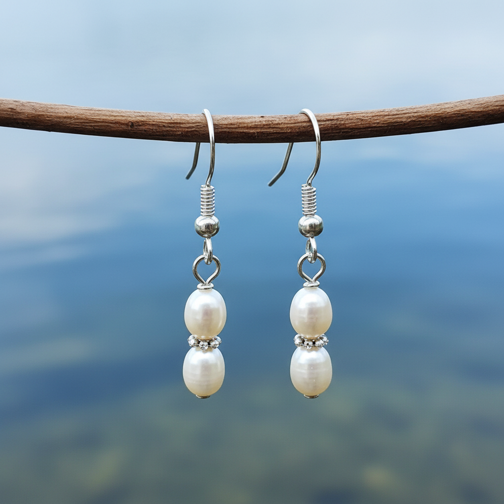 Witte zoetwater parel oorbellen met sterling zilver (925) hangend aan takje | Mini
