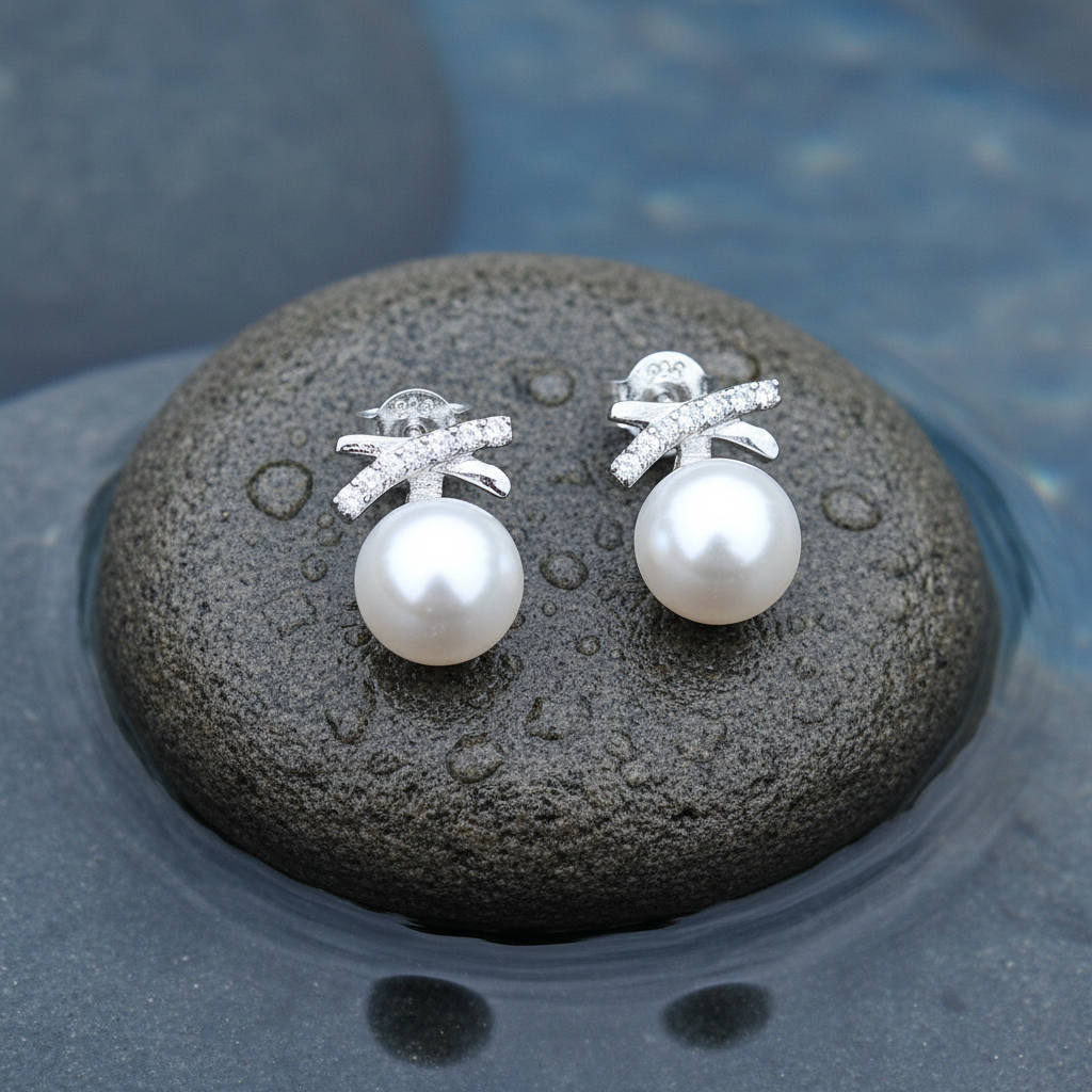 Witte zoetwater parel oorbellen met stras steentjes in kruis, witte parelknopjes met stras steentjes liggend op steen in water | Pearl Bling X