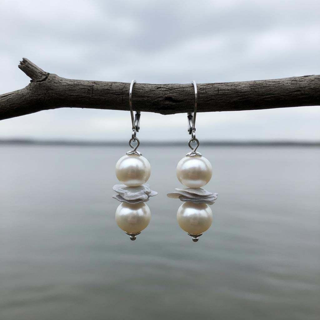 Zoetwater parel oorbellen met witte en grijze parels en zilver edelstaal hangend aan takje | Pearl Grey Chip