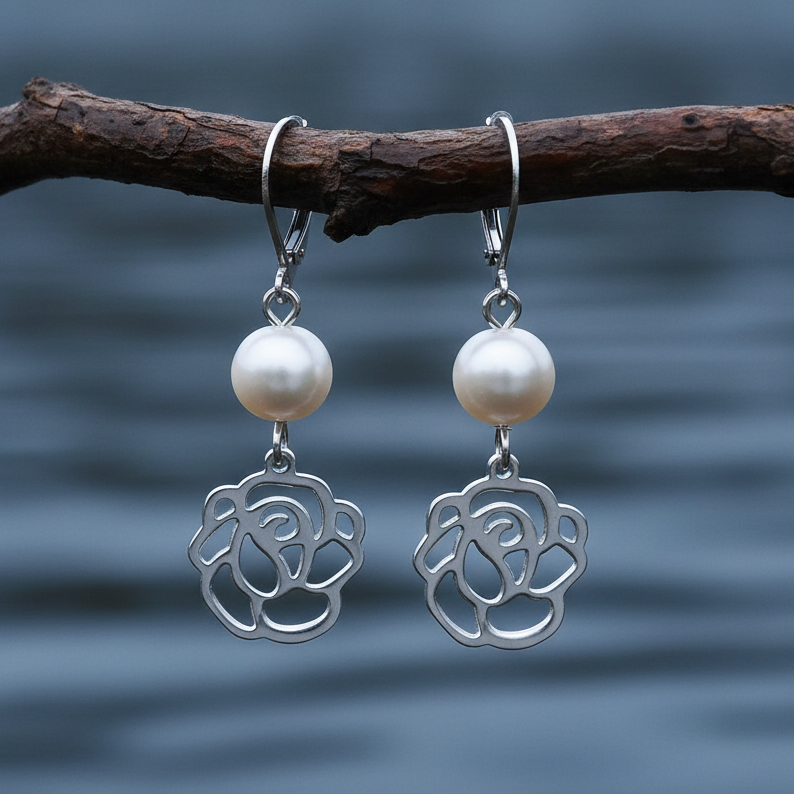 Zoetwater parel oorbellen met witte parel en zilver edelstalen bloem hangend aan tak boven water | Pearl Metal Flower