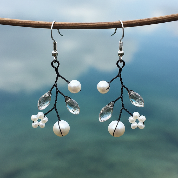 Zilveren fish hook oorbellen met witte parels en heldere kristallen organisch takjesdesign aan dun takje