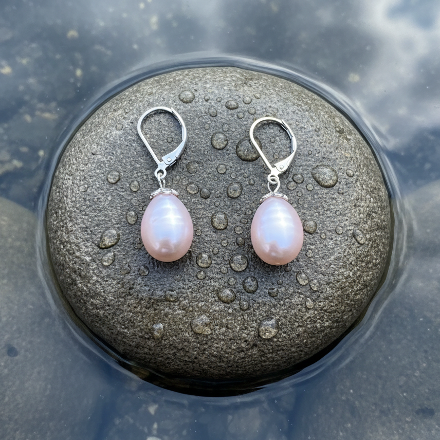 Roze zoetwater parel oorbellen met sterling zilveren (925) oorbelhaakje liggend op steen in water | Rola