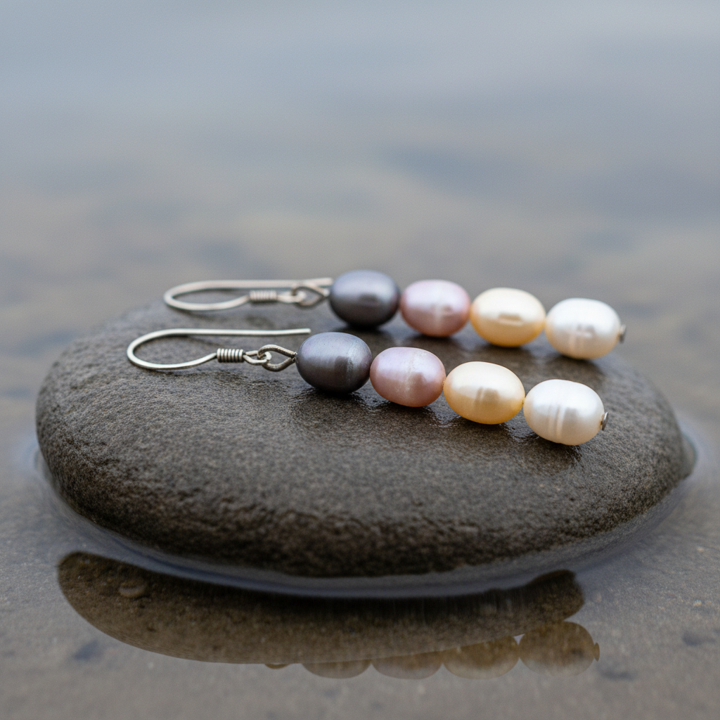 Zoetwater parel oorbellen met witte, zalm, roze en grijs bruine parels met sterling zilver (925) liggend op steen in water | Sheila