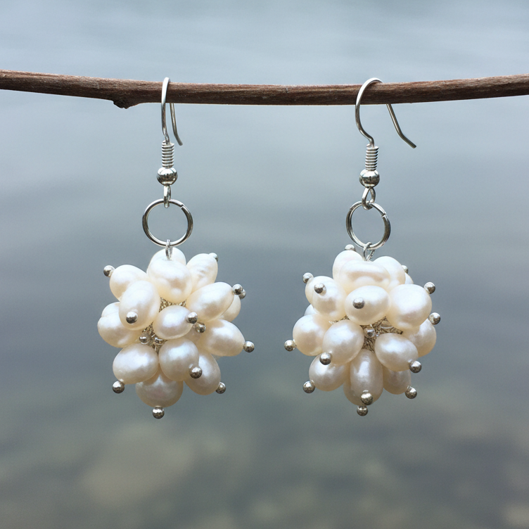 Witte zoetwater parel oorbellen met sterling zilver (925) hangend aan takje | Snow Ball