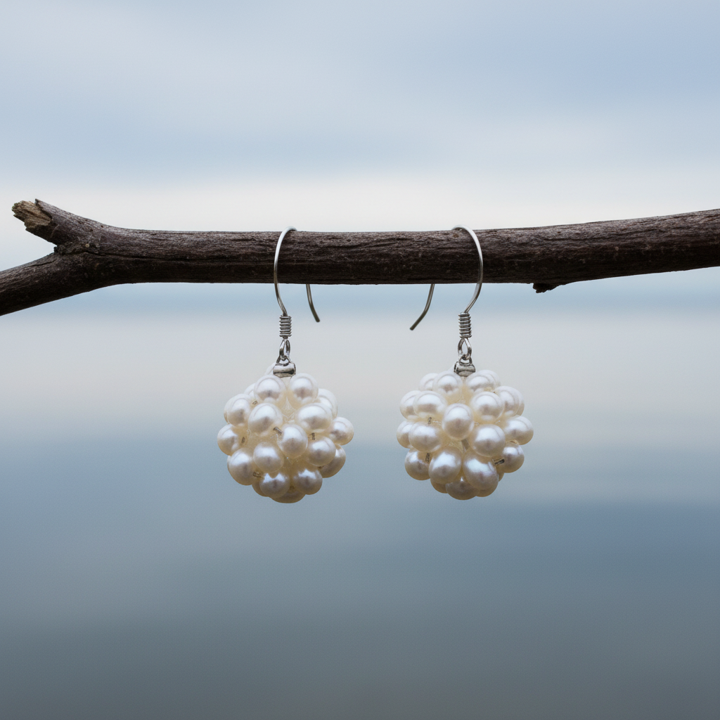 Zoetwater parel oorbellen met kleine witte parels in een bol hangend aan takje | White Ball
