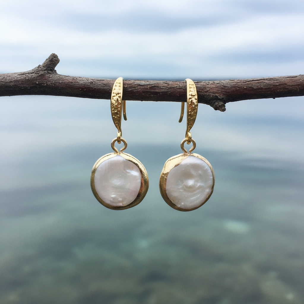 Witte zoetwater parel oorbellen hangend aan takje | White Coin Pearl Gold Small
