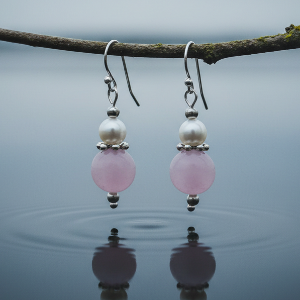 Witte zoetwater parel oorbellen met roze edelsteen rozenkwarts en sterling zilver (925) hangend aan takje boven water | Amilia Rose Quartz