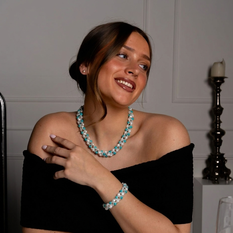 Witte zoetwater parel set bestaande uit een parelketting en parel armband met turkoois en magneetslot op model | set Tonica