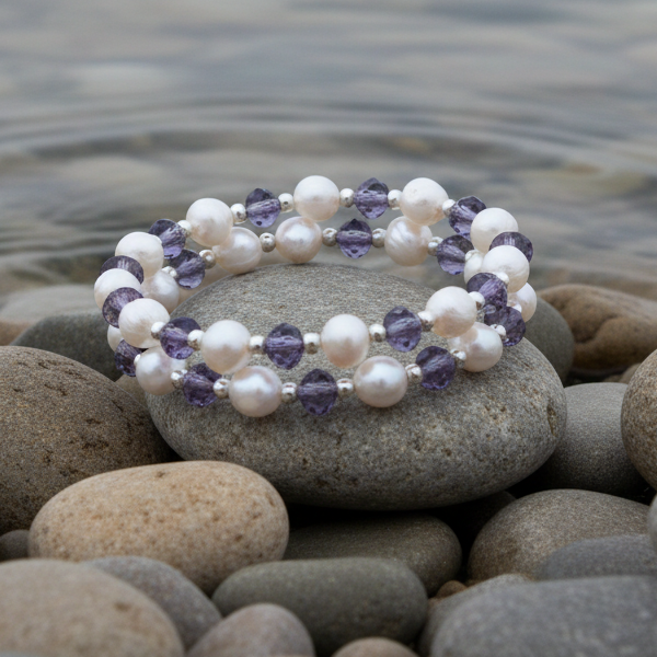 Zoetwater parel wikkel armband met witte parels en paarse glas kristallen liggend op steen aan waterrand | Wrap Pearl Purple Crystal