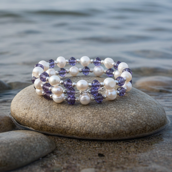 Zoetwater parel wikkel armband met witte parels en paarse glas kristallen liggend op steen in water | Wrap Pearl Purple Crystal