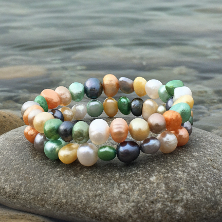 Zoetwater parel wikkel armband met vrolijk gekleurde parels liggend op steen in water | Zen Color Two