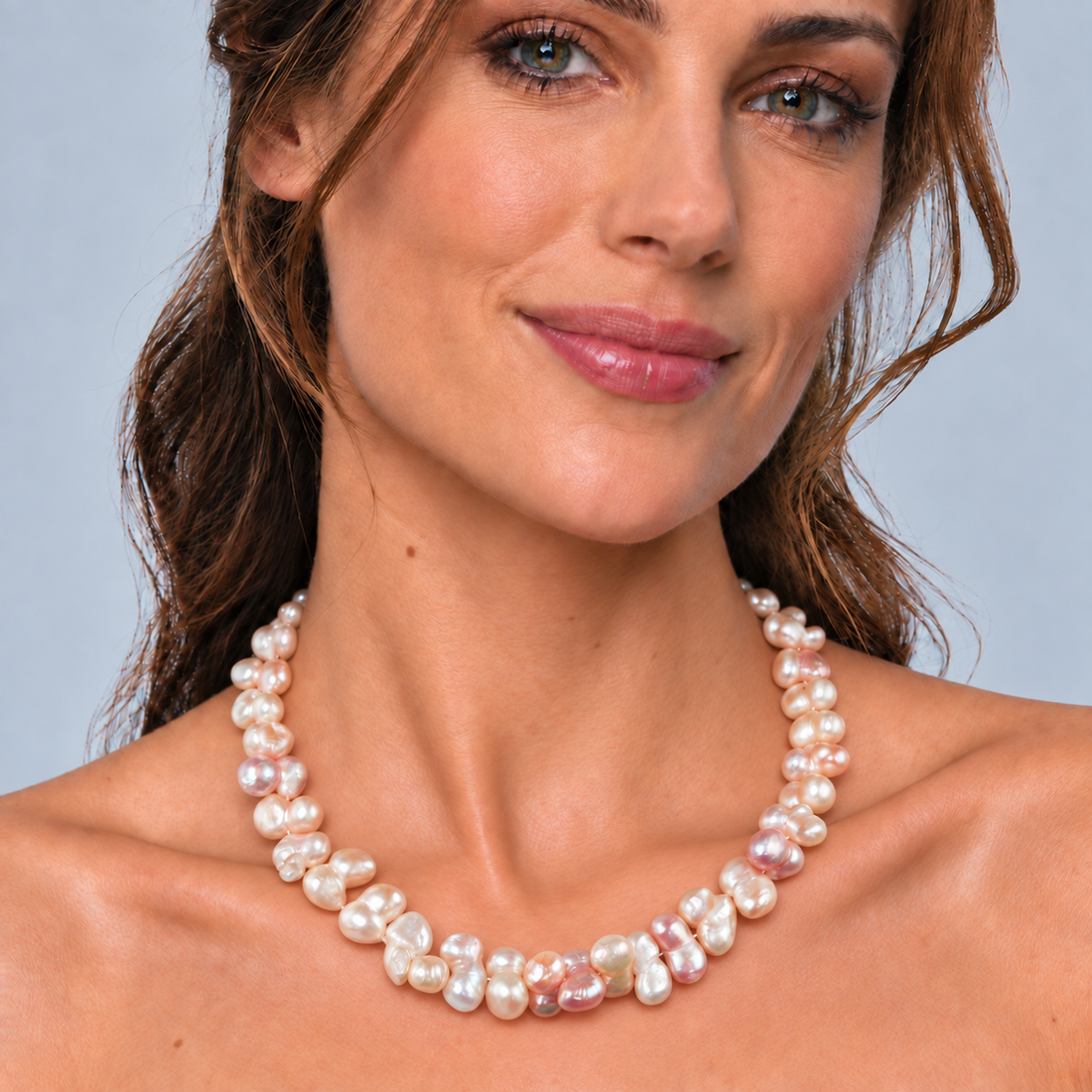 Zoetwater parelketting in pastel kleuren, wit, licht roze en zalm op model | Pomona