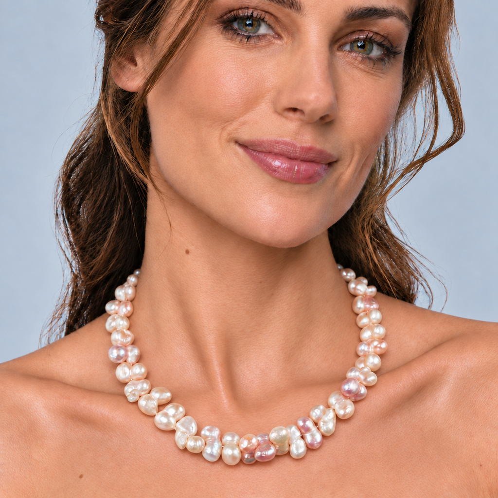 Zoetwater parelketting in pastel kleuren, wit, licht roze en zalm op model | Pomona