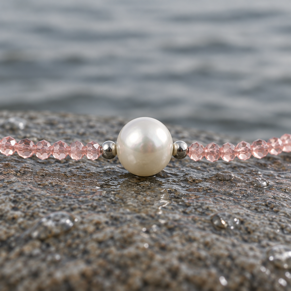 Zoetwater parelketting met witte parel, roze facet geslepen glaskristallen en maneetslot close up | Amelie