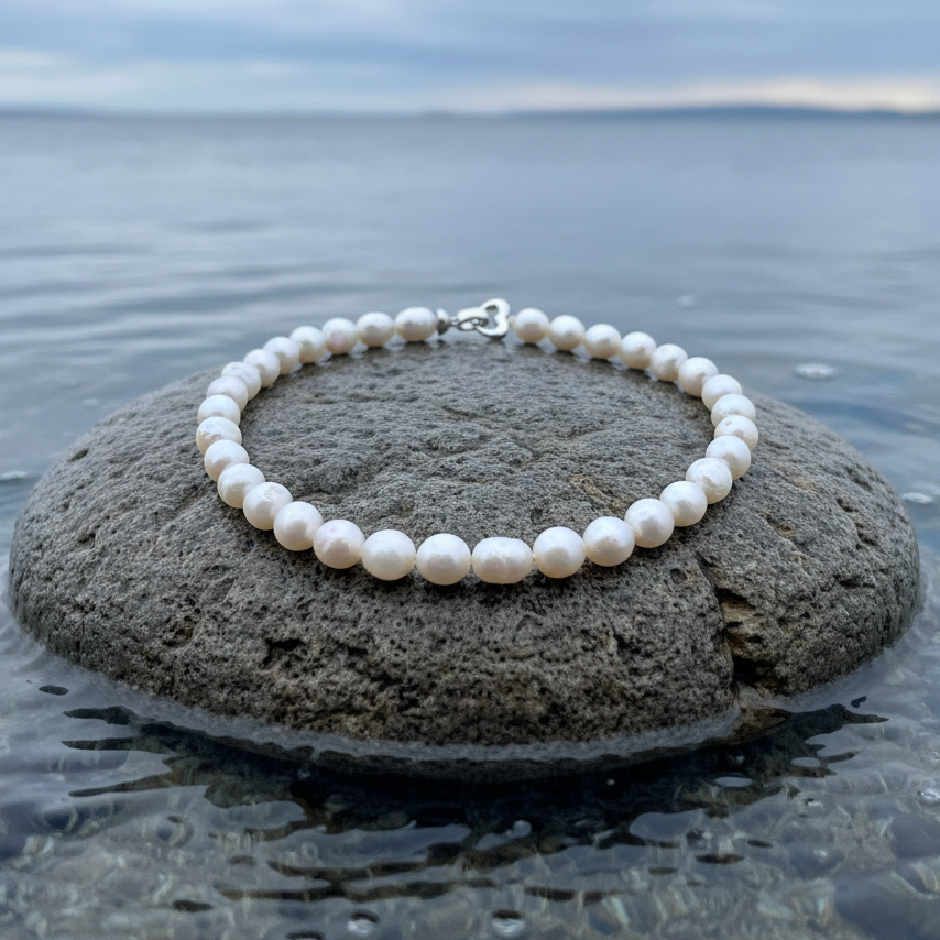 Handgeknoopt parelketting met witte parels liggend op een steen | Parelketting Big Round pearl