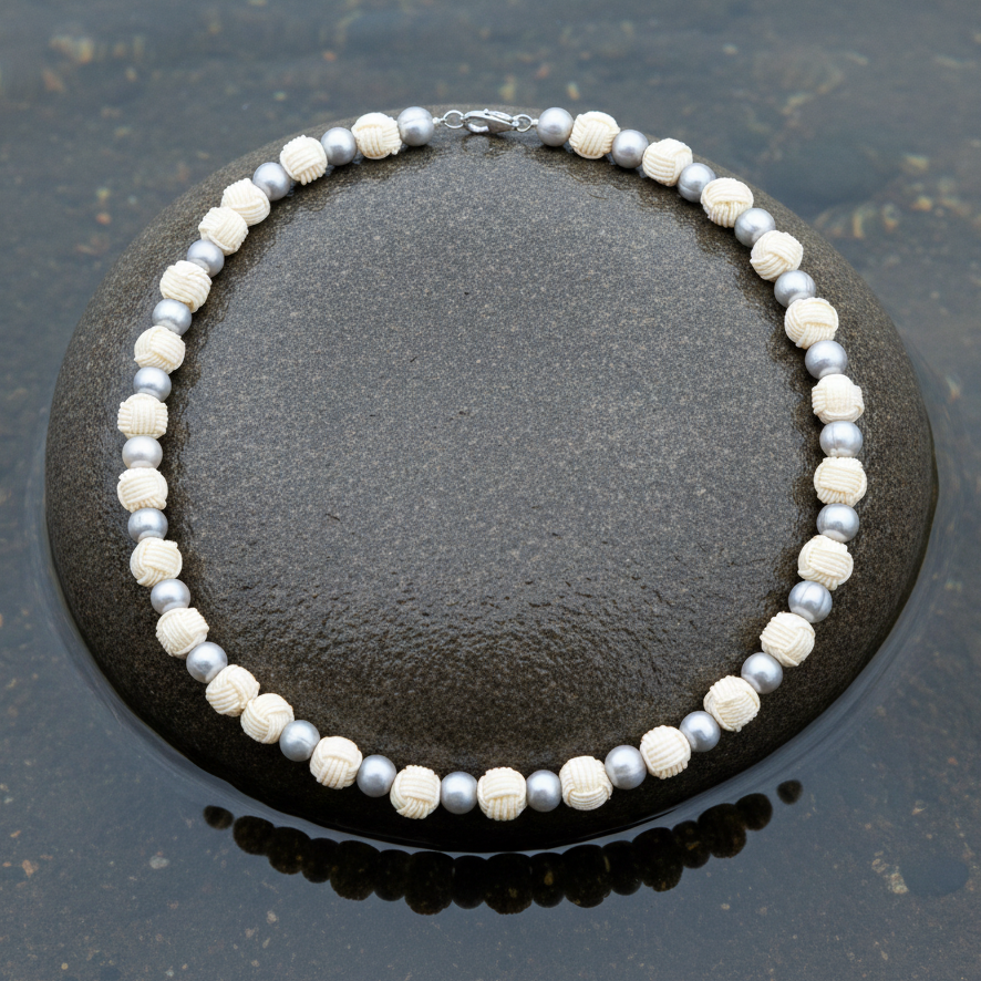 Zoetwater parelketting met grijze parels, Chinese knopen en gerhodineerd zilver (925) liggend op steen in water | Chiga