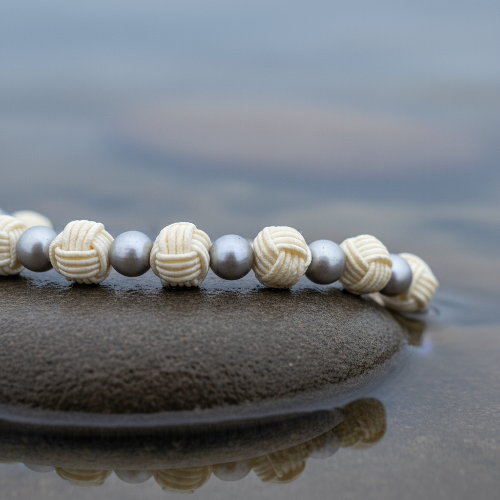 Zoetwater parelketting met grijze parels, Chinese knopen en gerhodineerd zilver (925) liggend op steen in water close up | Chiga