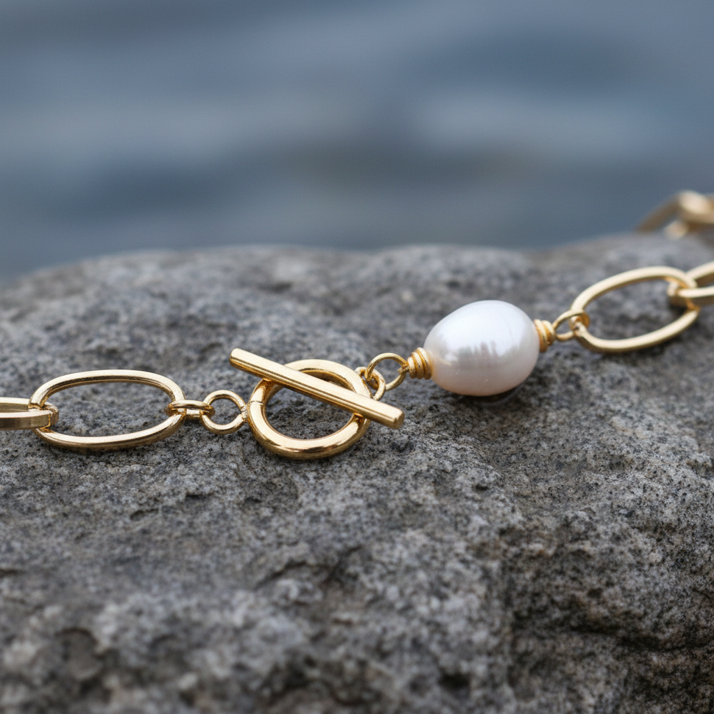Detail van witte zoetwater parelketting met goud aluminium en barok parels liggend op steen | Gold Paperclip Pearl