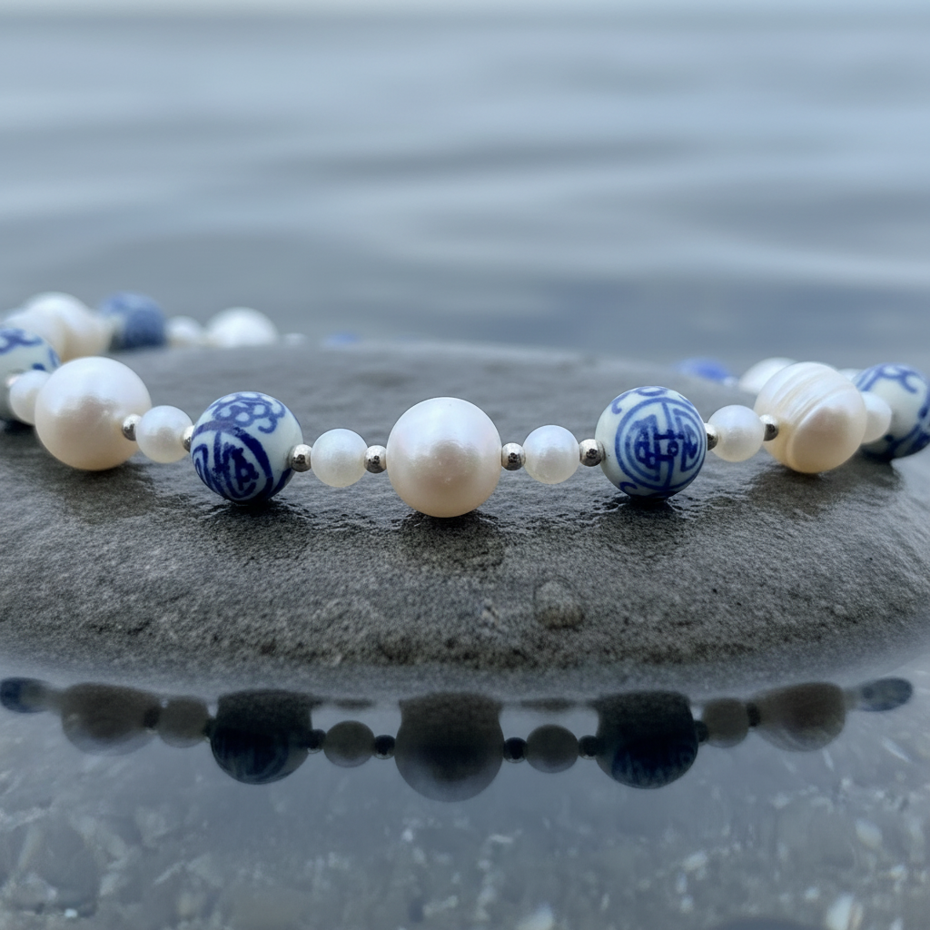 Zoetwater parelketting met kralen met Delfts blauw motief en magneetslotje liggend op steen met close up | Hollands Glorie Zilver Bling