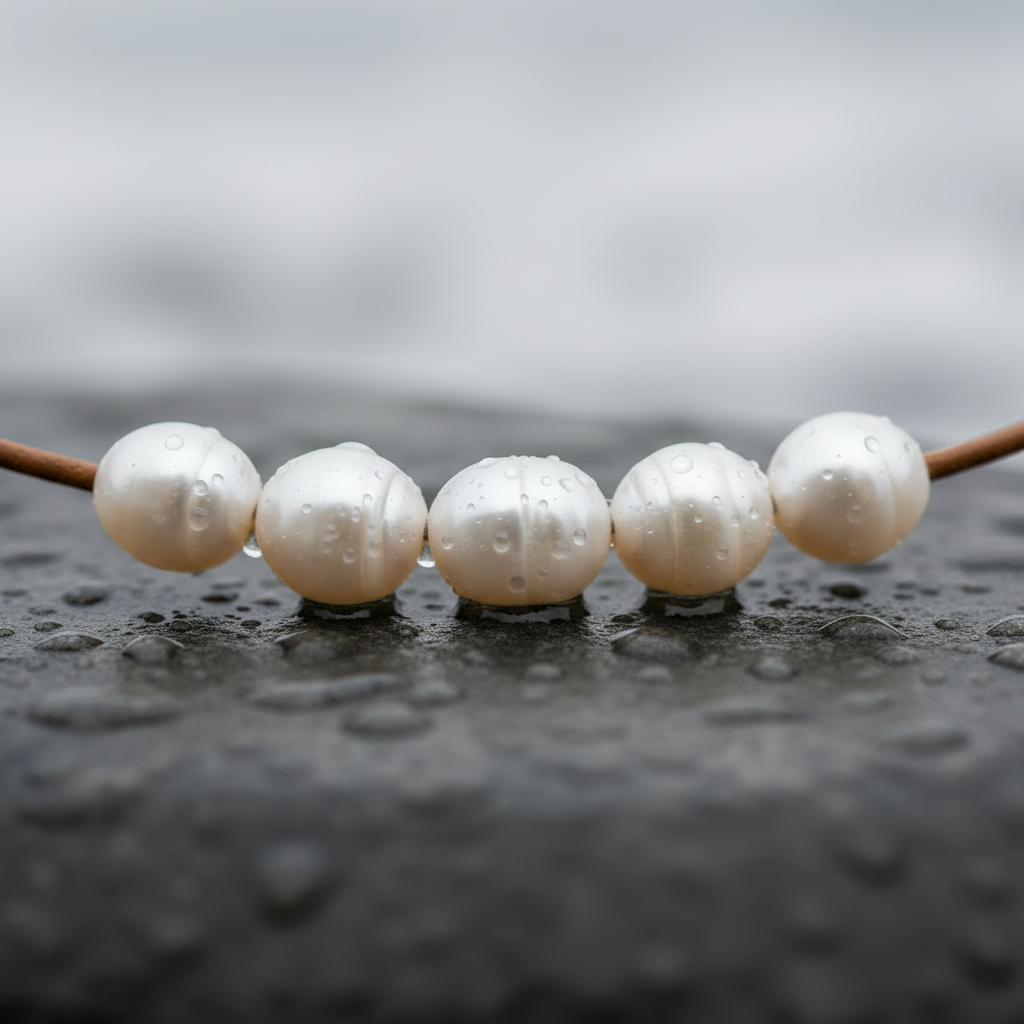 Witte parelketting met 6 parels en echt licht bruin leer liggend op steen in water close up | Joanne