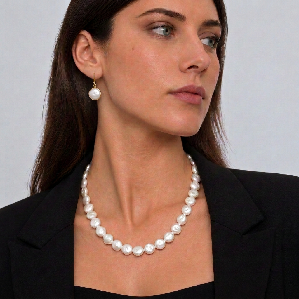 Witte zoetwater parelketting met coin parels en goud edelstaal gedragen door model | Little Coin Pearl