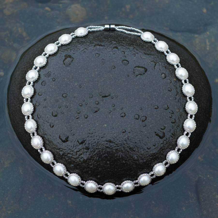 Zoetwater parelketting met witte parels en magneetslot liggend op steen in water | Pearl O