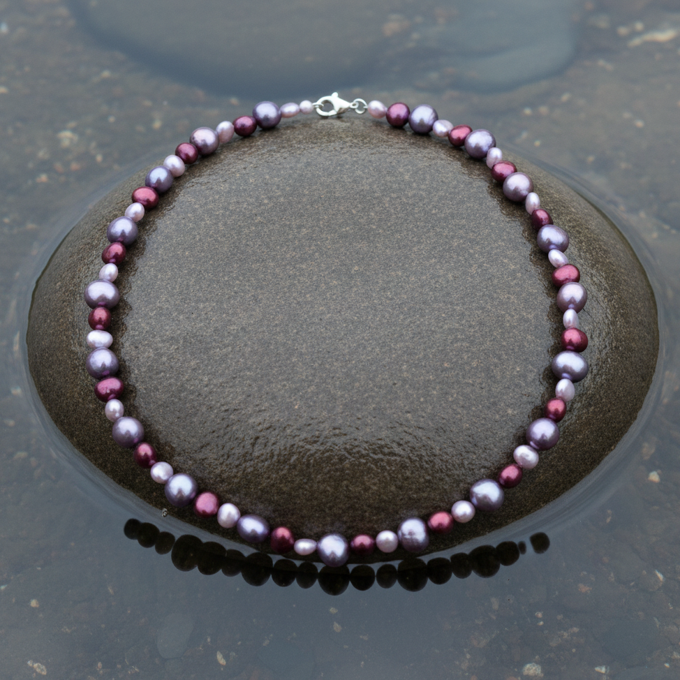 Zoetwater parelketting met rode en lila kleurige parels en gerhodineerd zilver liggend op steen in water | Pulla