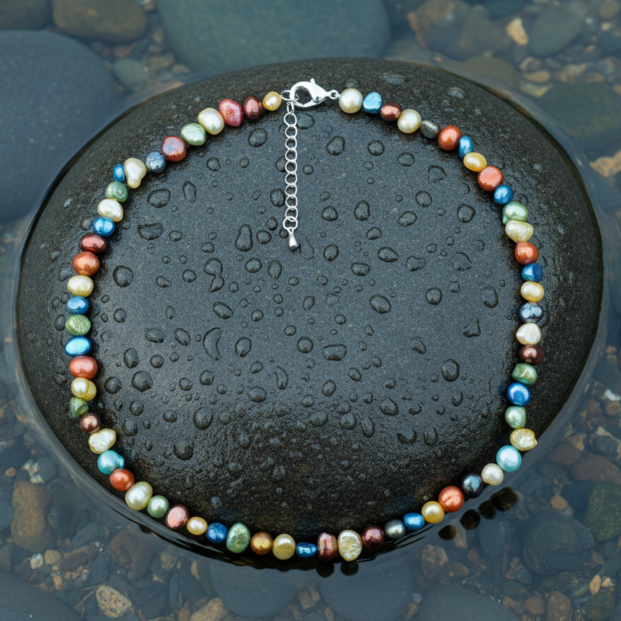 Zoetwater parelketting met vrolijk gekleurde parels en sterling zilver (925) liggend op steen in water | Rio Small