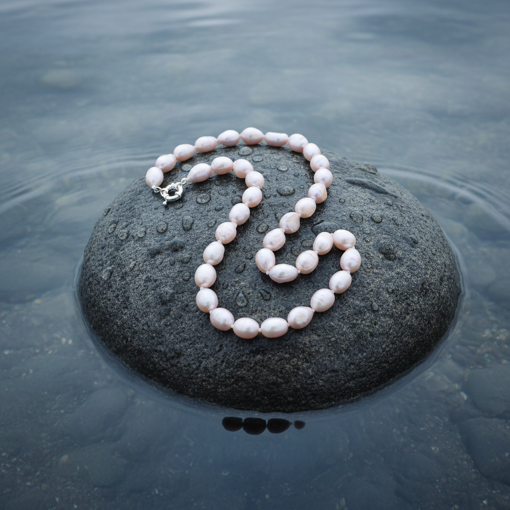 Bovenaanzicht roze barokke parelketting op grote steen met kleine druppels