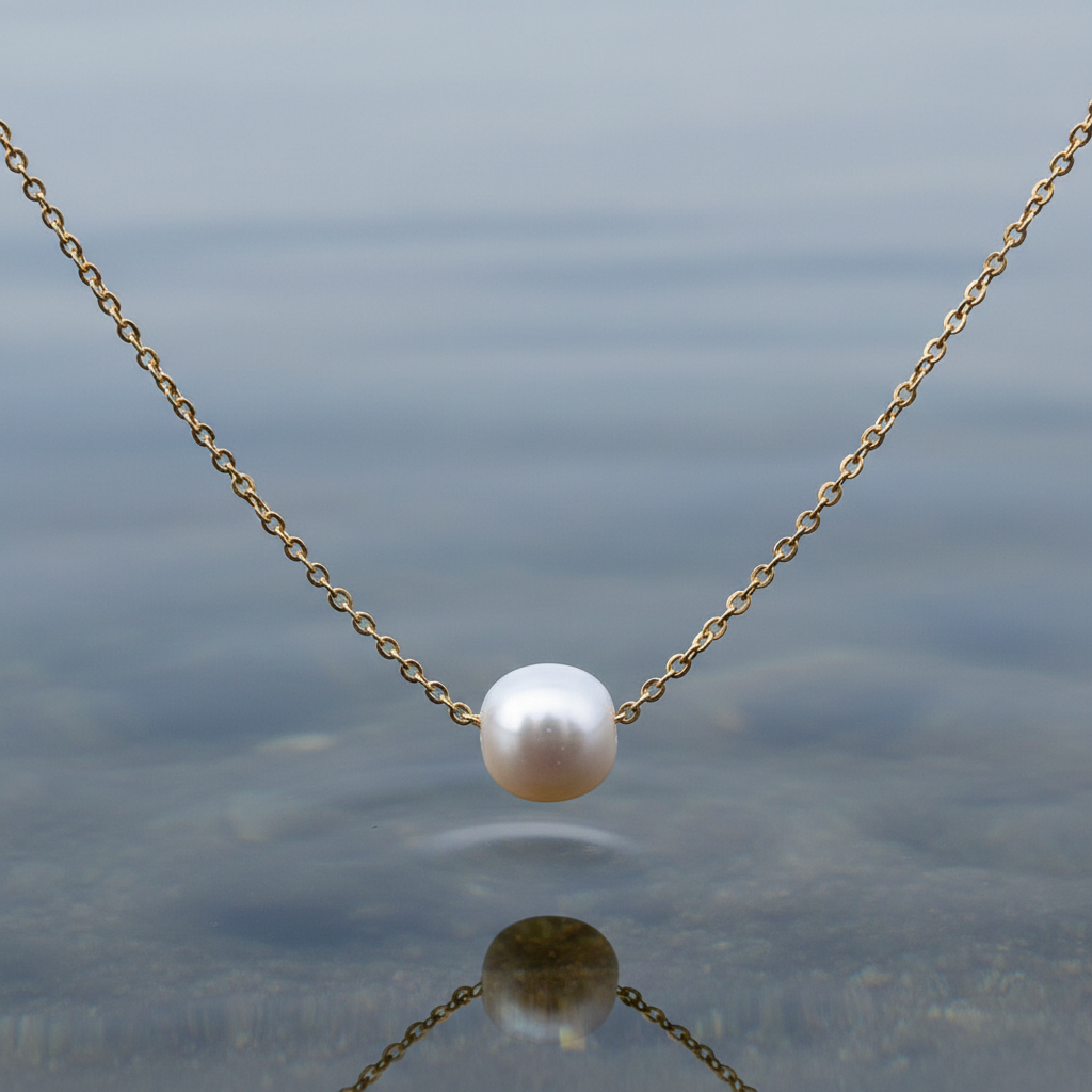 Detail van zoetwater parelketting met witte parel aan goud edelstalen ketting hangt boven water | Single One Pearl Gold