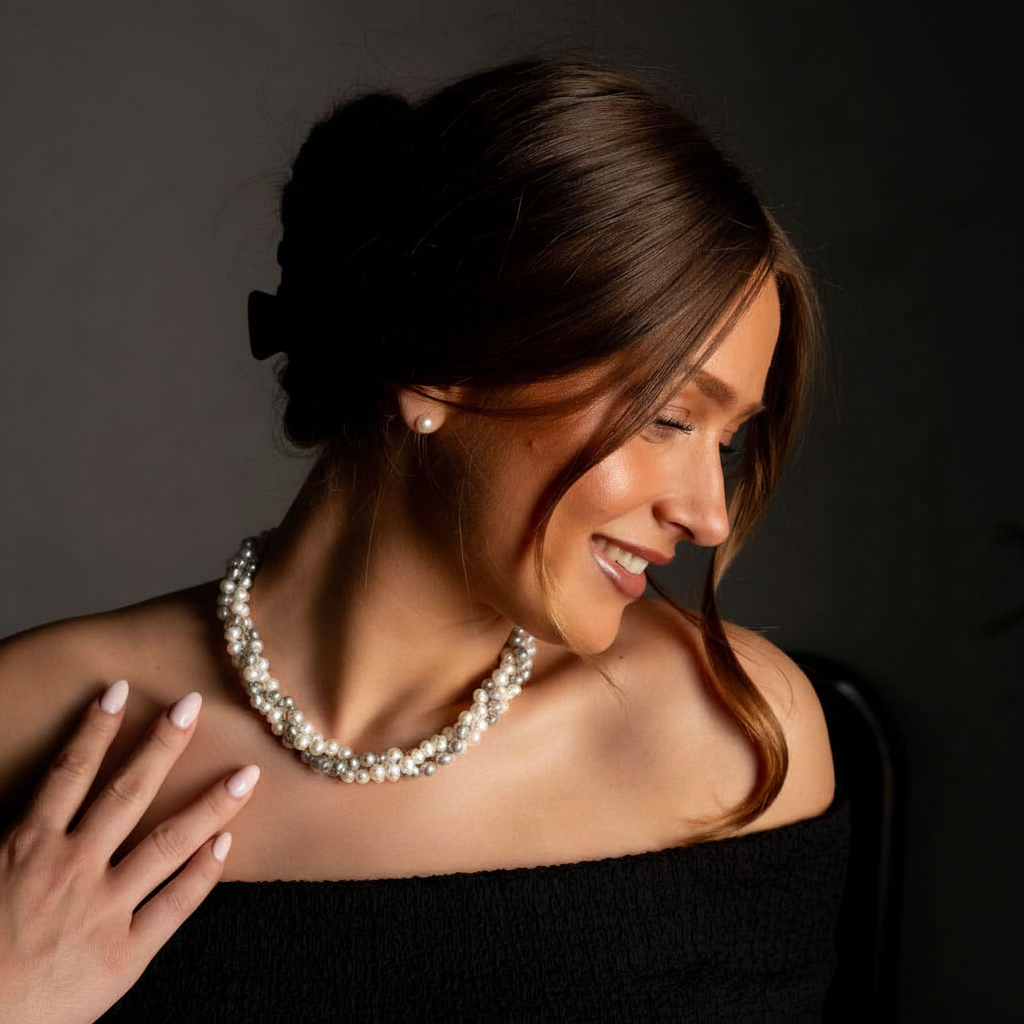 Zoetwater parelketting met witte en grijze parels in 3 rijen op model | Three Double Pearl White Grey