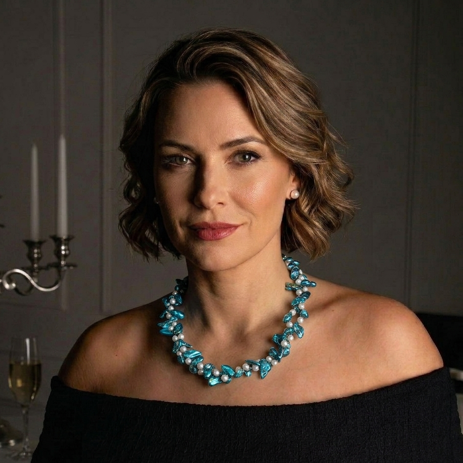 Wit blauwe zoetwater parelketting met sterling zilver (925) op model | Turtle Aqua