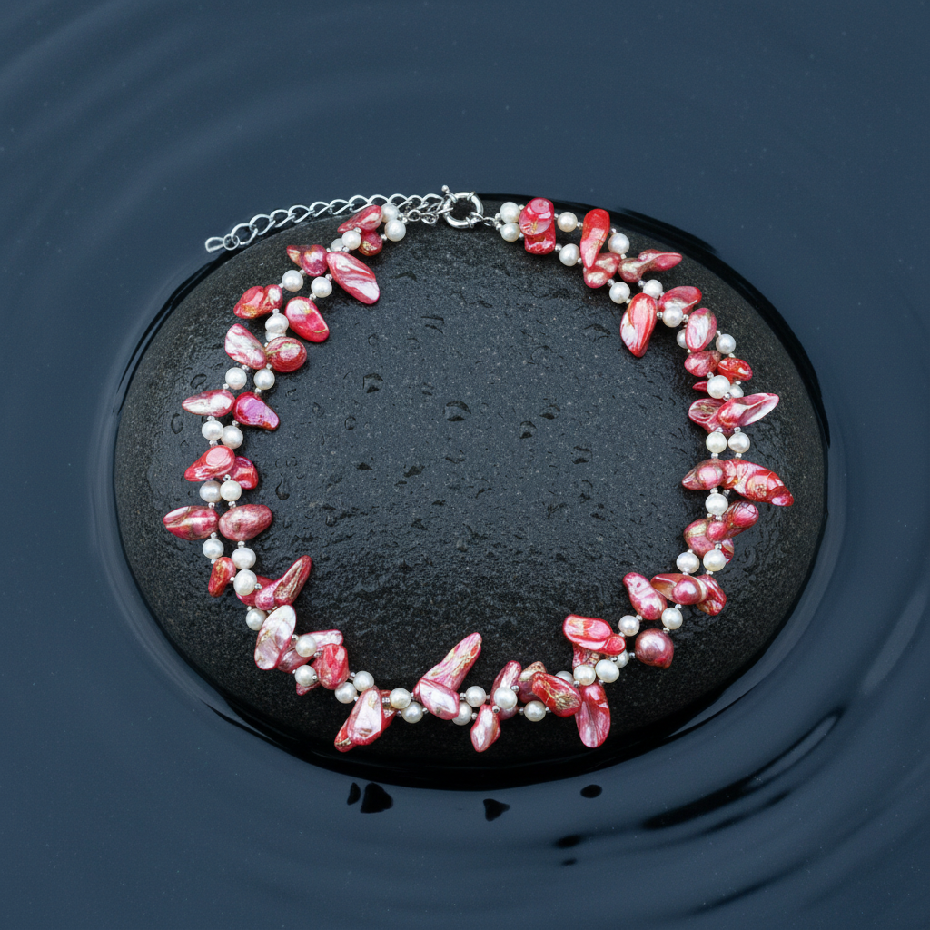 Wit roze parelketting in 2 rijen met sterling zilver (925) liggend op steen in water | Turtle Pink