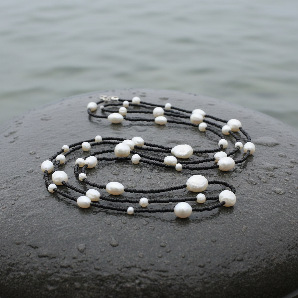 Lange zoetwater parelketting met witte parels en zwarte glaskraaltjes liggend op steen | White Pearl Black Sweater