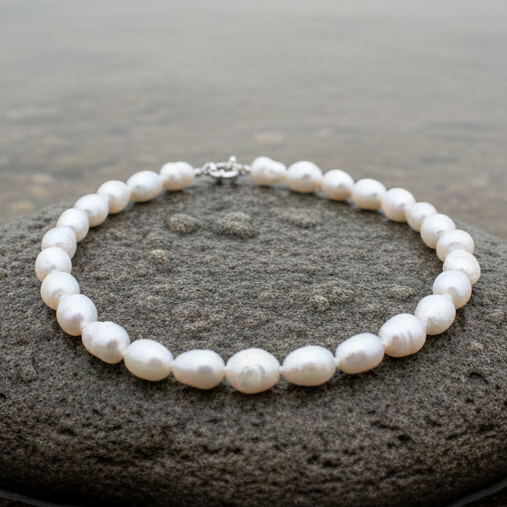 Handgeknoopte witte zoetwater parelketting liggend op natte steen | Wola Two