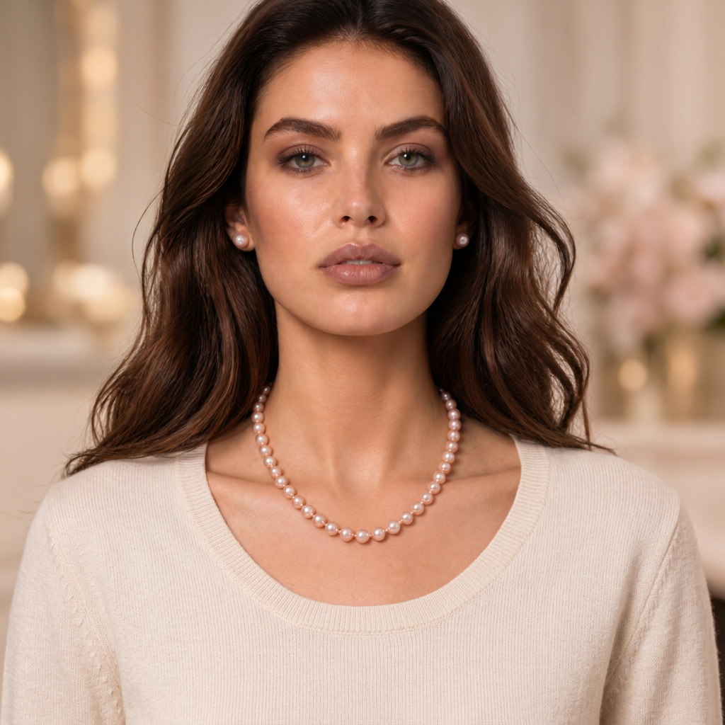 Handgeknoopte zoetwater parelketting met zalm kleurige parels en sterling zilver (925) op model in dagelijkse look | Zalina