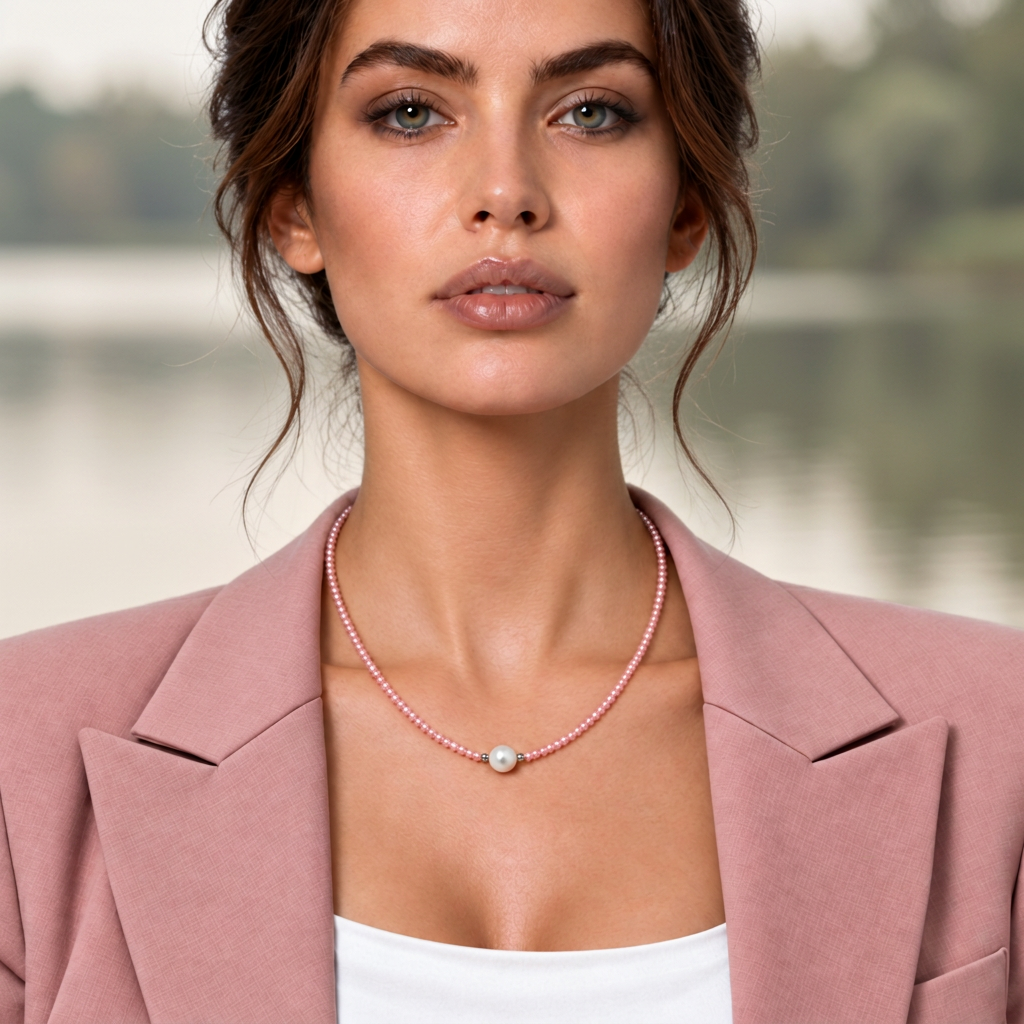 Zoetwater parelketting met witte parel, roze facet geslepen glaskristallen en maneetslot op model met roze colbert | Amelie