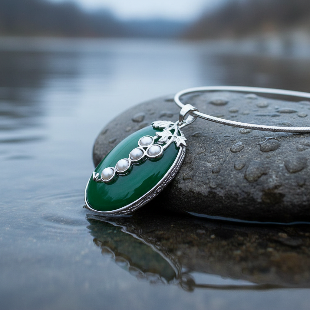 Detail van zoetwater parelketting met witte parels en groene agaat hanger aan zilveren spang liggend op steen in water| Green Agate Pearl Grape