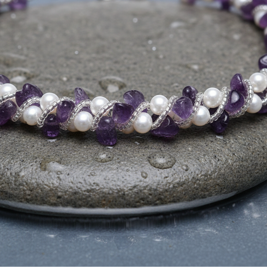 Zoetwater parelketting met witte parels, paarse edelsteen amethist en magneetslotje close up op steen | Pearl White Amethyst