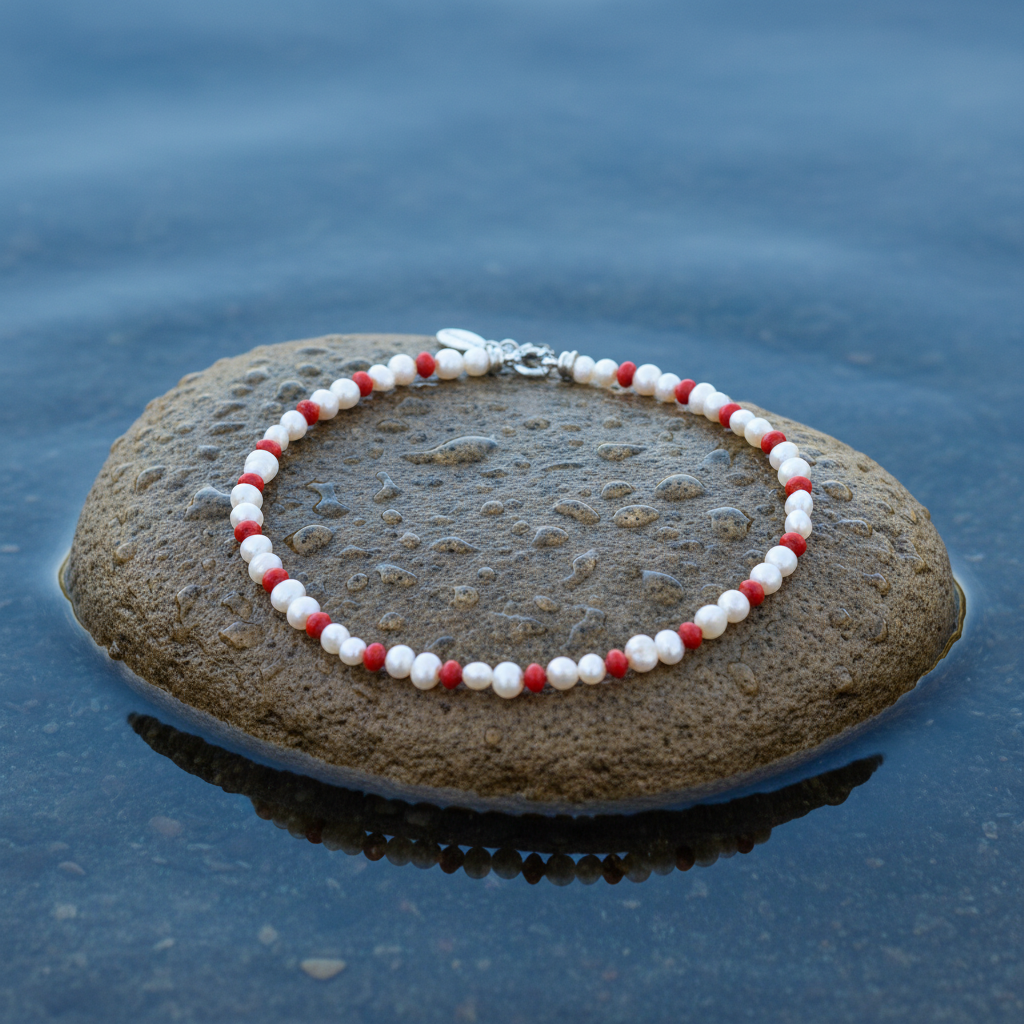 Zoetwater parelketting met witte parels en rood koraal liggend op steen in water | Coral Lantem