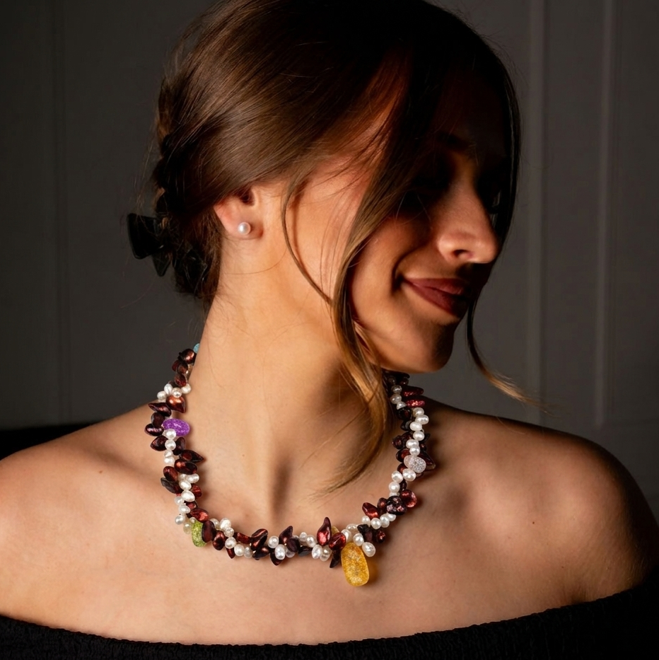 Zoetwater parelketting met witte en rood bruine parels en glaskristallen in 2 rijen op model | Monique
