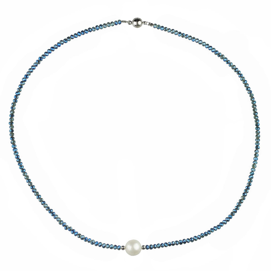 Zoetwaterparel ketting met witte parel, blauwe glas kristallen en magneetslot | Celeste
