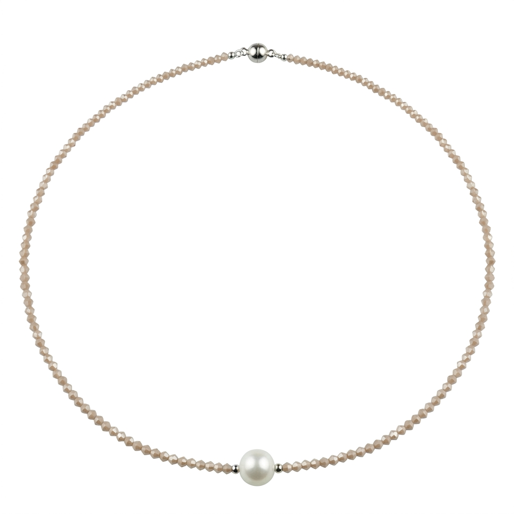 Zoetwaterparel ketting met witte parel, licht beige glas kristallen en magneetslot | Margot
