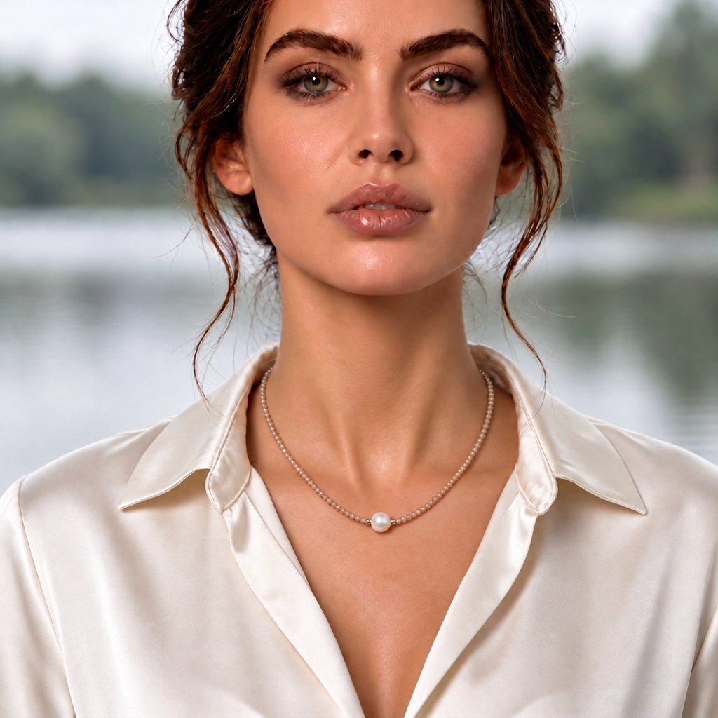 Zoetwaterparel ketting met witte parel, licht beige glas kristallen en magneetslot gedragen door model met blouse | Margot