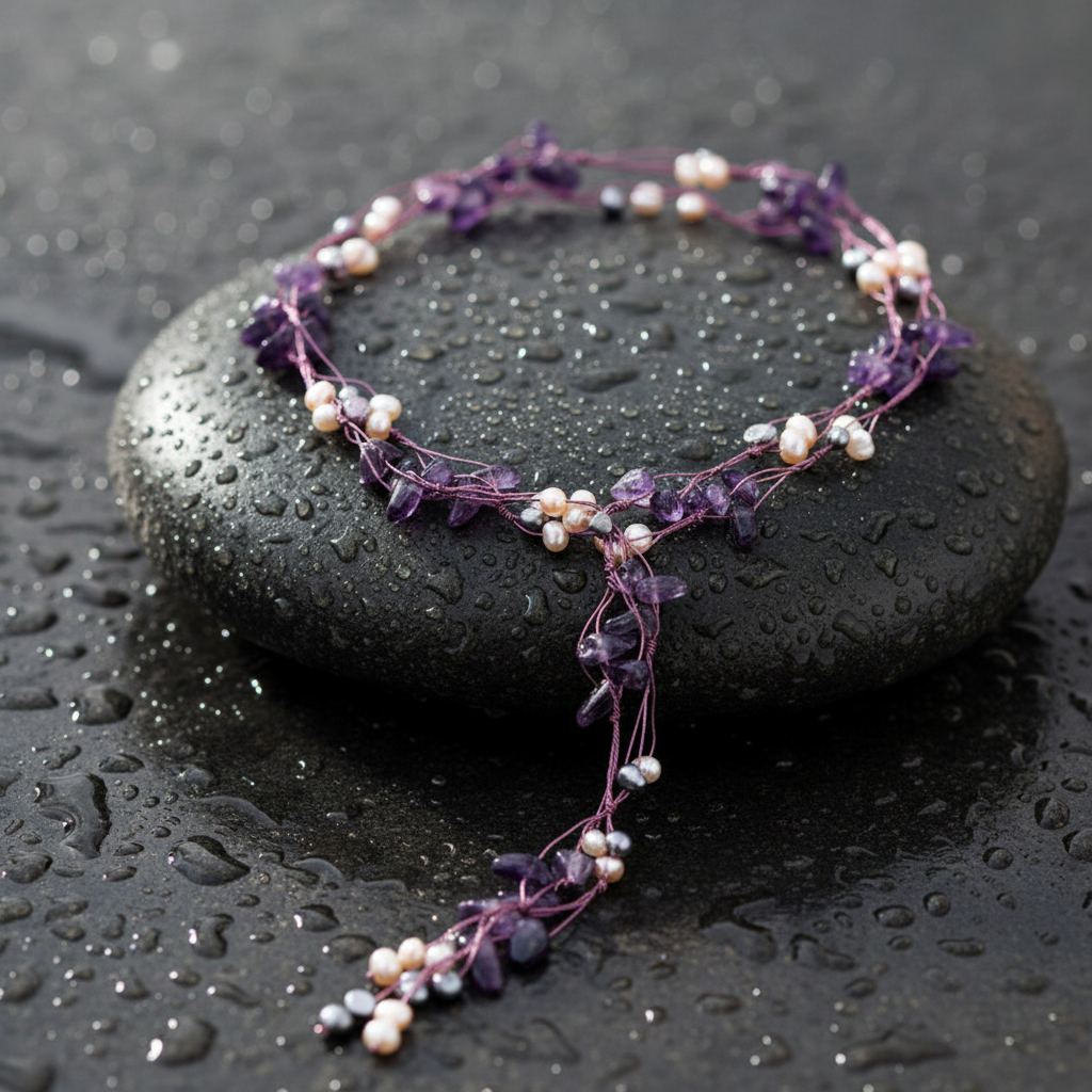 Lange zoetwater parelketting met witte, grijze en zalm kleurige parels en paarse edelsteen amethist liggend op natte steen | Sweet Purple