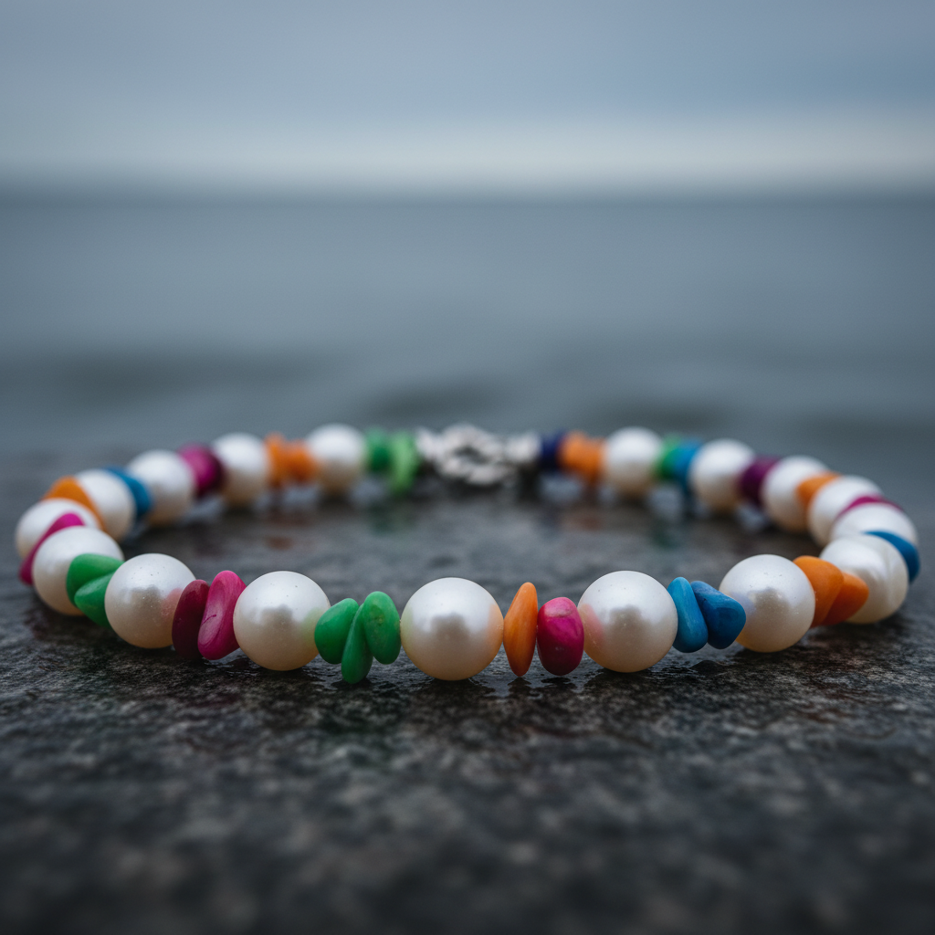 Zoetwater parelketting met witte parels en gekleurd parelmoer liggend op steen close up | Bold Happy